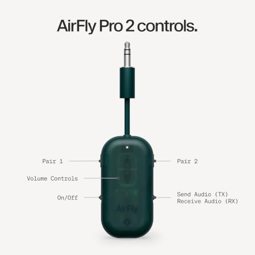 Image of AirFly Pro 2 - Bluetooth Adapter for Airplane, Pair 2 AirPods or Wireless Headphones - 3.5mm AUX Bluetooth Transmitter for Cars, Boats, Treadmills, TVs- Airplane Travel Essentials, Teal Ice