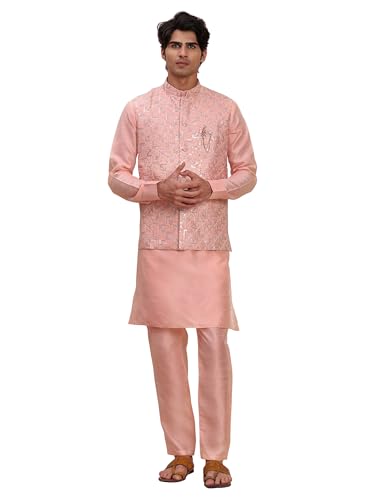 Men's Cuffed Sleeves Silk Kurta and Trouser Set with Waistcoat (Nehru Jacket) (C-119)