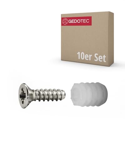 Gedotec Mounting screws and dowels, 8 mm drill diameter, pack of 10, 3.5 x 12 mm screws and 10.8 mm dowels made of plastic, pot hinge attachment, furniture, rod hinge, door hinge