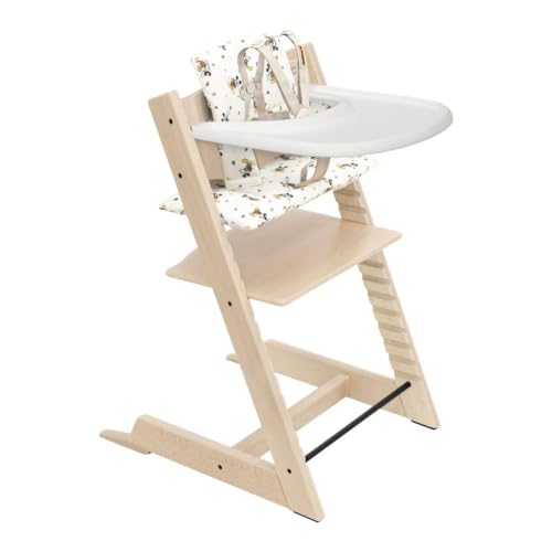 Stokke Tripp Trapp High Chair 2 (Natural), Cushion 2 (Mickey Celebration) + Stokke Tray (White) - Includes Chair + Baby Set with Removable Harness for Children 6-36 Months
