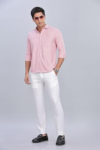 Image of MILDIN Men's Pure Cotton Striped Printed Shirt with Spread Collared Neck Full Sleeve Curved Hemline Button Closure and Regular Fit | Shirt for Man