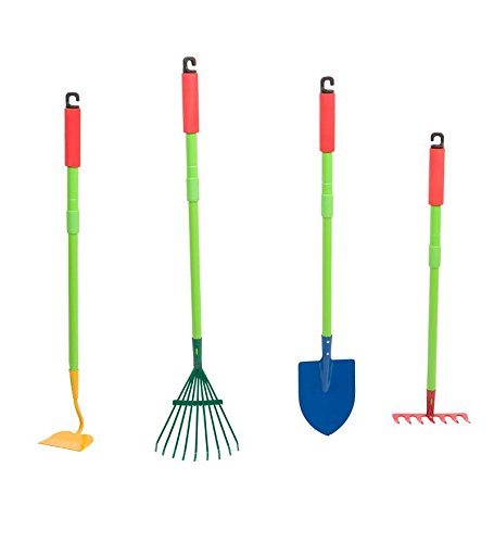 HearthSong Grow with Me Kids' Telescoping Garden Tool Set with Adjustable Metal and Soft-Grip Handle Shovel, Hoe, Leaf Rake, and Soil Rake, Adjusts from 33