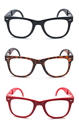 EYE ZOOM 3 Pack Unisex Retro Plastic Folding reading glasses with Pouch (Multi-color, +1.50)