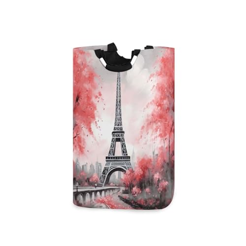 Jihqo Laundry Hamper Basket Eiffel Tower Pink Trees Collapsible Nursery Storage Bin Waterproof Clothing Baskets for Home Bedroom Bathroom Washing Room