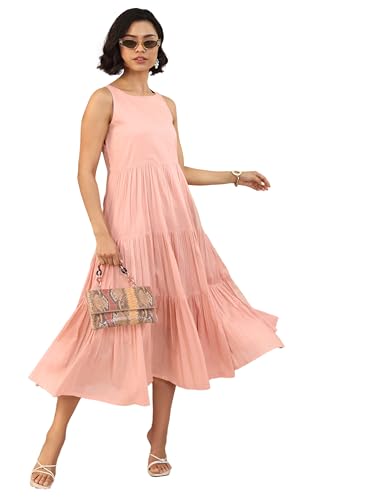 Image of Libas Solid Cotton Fit and Flare Dress for Women