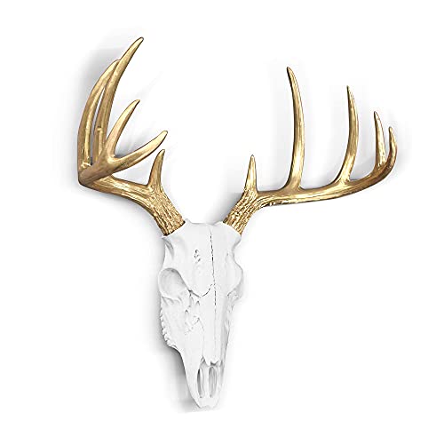 WALL CHARMERS Mini White + Gold Antler Faux Deer Skull - 16" Faux Taxidermy Animal Head Wall Decor - Handmade Farmhouse Decor
