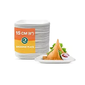 ECO SOUL [6 inch, 50 Pack Disposable Bagasse Plates | Eco-Friendly, Biodegradable, Sugarcane Paper Plates | for Serving Snacks | Birthday, Wedding & Party | Square, White (15 cm)