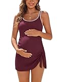 SHEKINI Ribbed Maternity One Piece Swim Dress Pregnancy Swimsuit Built-in Bottom Tie Knot Skirted Bathing Suit (Purple-red，Large)