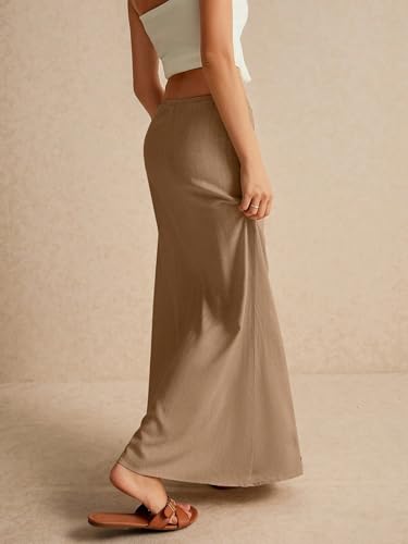 EARKOHA 2025 Women's Summer Maxi Skirt Drawstring Low Waist A Line Linen Long Flowy Skirts Camel L4