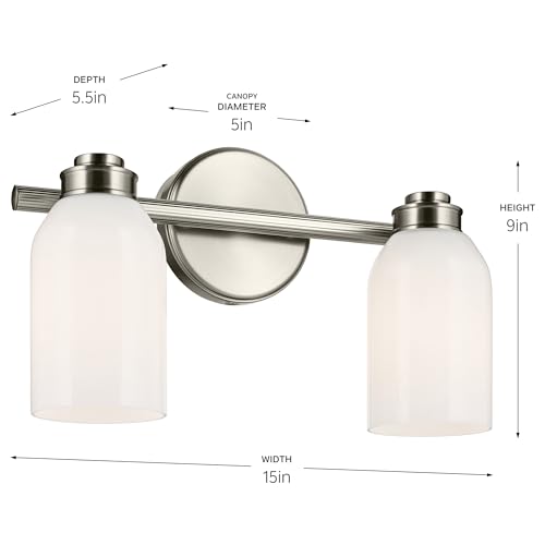 Image of Kichler Shae 2-Light Bathroom Vanity Light, Brushed Nickel | White opal glass vanity light for modern bathroom mirrors (15 inch x 9 inch), 55201NI