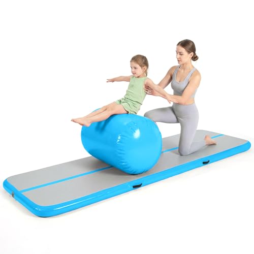 SAEEPABUL 10FT Air Track Gymnastics Mat with Air Roller Barrel Inflatable Tumbling Mat for Kids Airtrack Gymnastics Mat for Home Gym with Electric Pump Back Handspring Cheer Cartwheel Training Blue