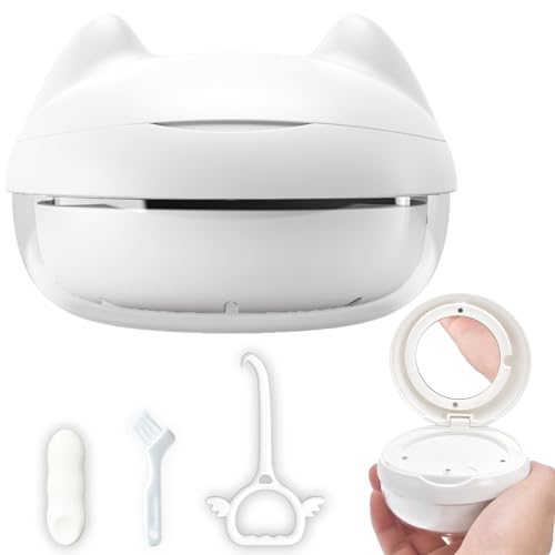 Gaboolo Retainer Case for Cleaning,No-Leak Mouth Guard Cute Retainer Case with Retainer Removal Tool and Brush (White Cat)
