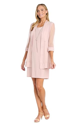 Image of R&M Richards Women's Elegant 2-Piece Shift Dress with Pleated Shimmer Duster Jacket for Mother of the Bride, Cocktail Attire