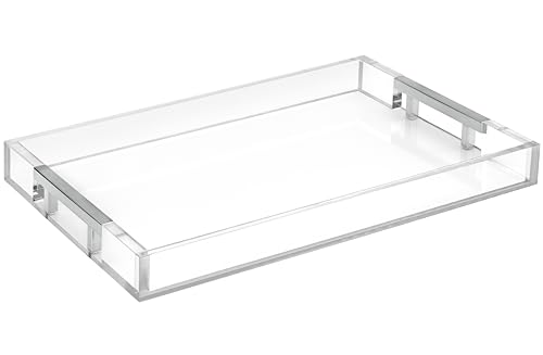 Modern 16"x12" Rectangle Acrylic Lucite Plastic Decorative Serving Tray with Silver Stainless Steel Metal Handles for Home Decor Ottoman Coffee Table Food Fruits Lap Vanity Perfume By Home Redefined by Home Redefined - Used condition - US$30.50