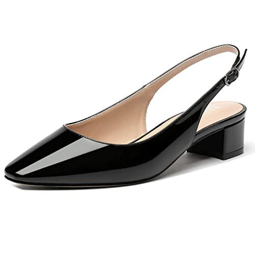MERRORI Women's Patent Buckle Block Solid Slingback Square Toe Chunky Low Heel Pumps Shoes 1.5 Inch