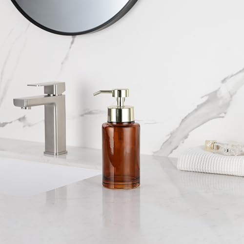 Image of H Halston Amber Glass Foaming Soap Pump Dispenser, Foaming Soap or Liquid handoap compatable, Durable, Refillable, Bathroom & Kitchen Countertop, Bathroom, Home Decor (Amber Glass with Gold Pump top)