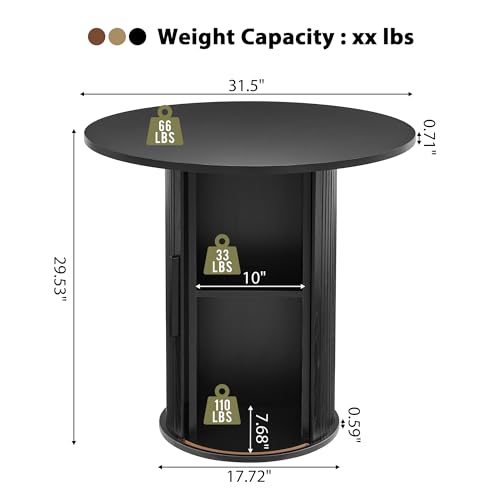 Image of 31.5 inch Round Dining Table for 2-4, Modern Kitchen Table with 2-Tier Storage Shelf, Small Wooden Circle Dining Tables with Fluted Base for Home Dining Room Living Room (Black)