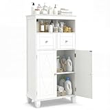 COSTWAY Armario de Baño para Suelo, Organizador Moderno Independiente con 2 Puertas, Estante Ajustable de 3 Alturas, 2 Cajones y Patas de Madera Maciza de Pino para Salón Pasillo Entrada (Blanco)