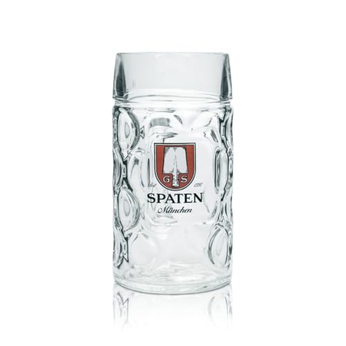 Bavariashop Spaten Masskrug - 1,0 Liter, Sammelkrug, Bierkrug, Glas Maßkrug