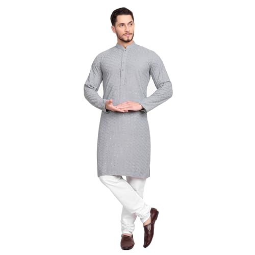 Image of Rayon Ethnic Wear Full Chikankari Sequin Embroidery Mirror Work Traditional Straight Kurta Pyjama Set for Men