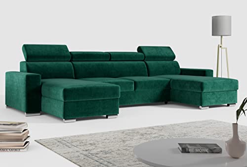 MKS MEBLE Sofa U Form, Wohnlandschaft U Form mit Schlaffunktion, Sofa mit Schlaffunktion, Sofa XXL, Couch mit Schlaffunktion, Polstersofa mit Bettkasten - Fox U Grün Monolith