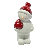 Mezzaluna Gifts Figura decorativa de muñeco de nieve blanco brillante esmaltado de cerámica con corazón o estrella (corazón rojo de muñeco de nieve)
