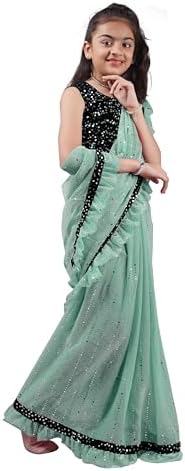 Kids Girls Lycra Blend Saree With Unstitched Sequence Blouse Piece (3-4 yrs to 11-12 yrs) (Sky Blue, 11-12 Years - XL)