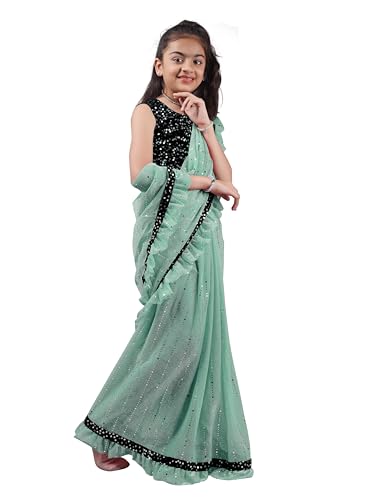 NILKANTHVARNI CREATION Kids Girls Lycra Blend Saree With Unstitched Sequence Blouse Piece (3-4 yrs to 11-12 yrs) (Sky Blue, 11-12 Years - XL)