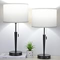 GGOYING Set of 2 Nightstand Lamp,Pull Chain Bedside Table Lamp with USB C+A Charging Ports,5000K LED Bulbs,White Fabric Lampshade for Bedroom,Livingroom