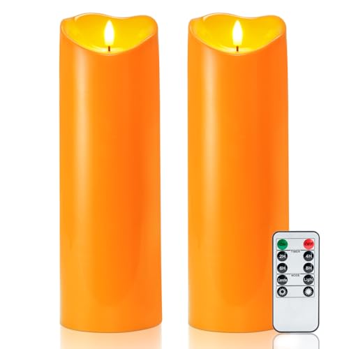 Image of Homemory 4 inchx12 inch Halloween Orange Flameless Candles, Fall Candles, Outdoor Waterproof Flameless Candles with Remote and Timers, Battery Operated LED Pillar Candles, Won't Melt Plastic, Set of 2