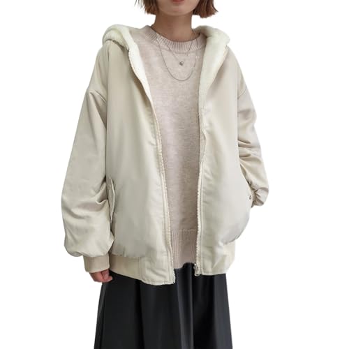 [Sulliwayu] アウター レディース ダウンコート リバーシブ ル中綿ジャケット 秋服 冬服 ショート丈 フッド付き 裏起毛 おしゃれ 可愛い カジュアル ゆったり 保温性 防寒着 厚手 通勤 通学 秋冬（ホワイト,L） - Sulliwayu - 商品画像