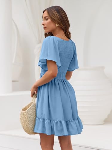 Image of LILLUSORY Women's Flowy Casual Mini Dresses 2026 Summer Graduation Smocked V Neck Vacation Dress Dress with Pockets