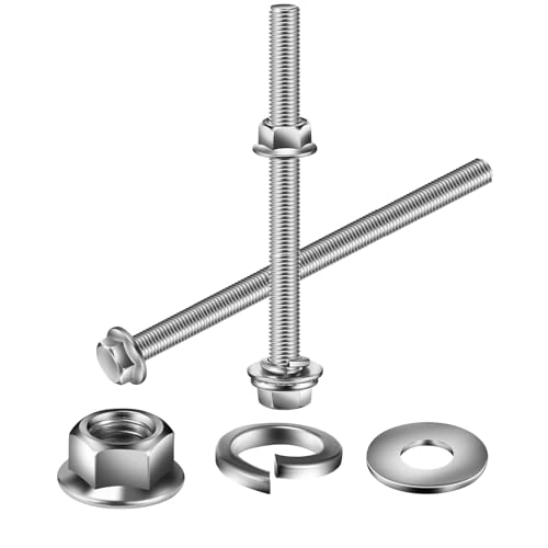M6 x 60mm Flanged Hex Head Bolts, Nuts, Flat &amp; Lock Washers, 20Pcs 18-8 (304) Stainless Steel, Fully Threaded, by SG TZH