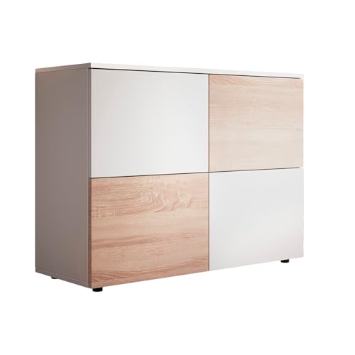 MB Muebles Bonitos | Mueble de salón Comedor | Aparador Moderno | Ancho 90 x Alto 71 x Profundo 34 cm | Cómoda de melamina con Puertas | Color Blanco y Sonoma | Acabado Mate | Modelo Zoel