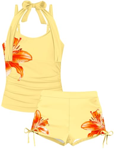 Image of Girls Swimsuit 2 Piece Halterneck Girls Tankini Swimsuit Drawstring Printed Swim Shorts Girl Bathing Suit for 7-18T