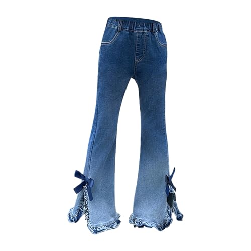 Teen School Trendy Washed Jean Flare Leg Trouser Kids Girls Butterfly Bow Side Slit Elastic Waist Casual Demin Pants
