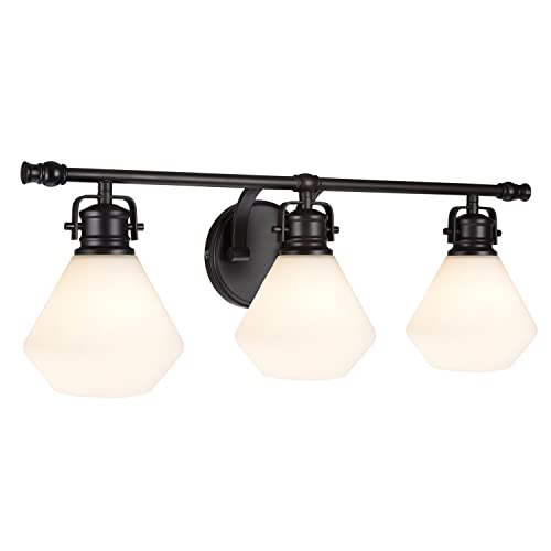 Image of Aspen Creative 62091, Three-Light Metal Bathroom Vanity Wall Light Fixture, 24 inch Wide, Transitional Design in Bronze with Opal Glass Shade