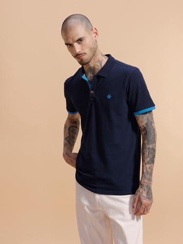 Image of WROGN Men's Contrast Rib Pique Polo T-Shirt | Navy Blue Smart Casual Polo