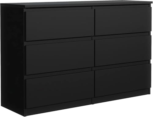 meble masztalerz Kommode Schwarz Matt mit 6 Schubladen 140 cm, Sideboard Wohnzimmer, Kommode Schlafzimmer H: 78,5cm, B: 138,6 cm, T: 39 cm Kommode mit Schubladen, Schubladenschrank