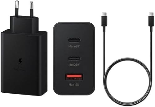65W PD Super Fast Charger with USB-C to USB-C Cable, 3-Port Wall Charger, Type-C Power Adapter, Max 65W Fast Charging for Laptops, Tablets & Smartphones, Black