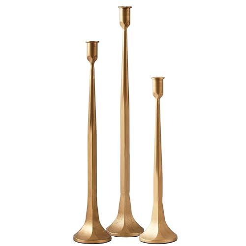 Denique Iron Taper Candle Holder Set of 3, Gold Candlestick Holders 19.3”17” 14” Heightening Decorative Candle Stand Set for Wedding, Dining Table, Home Decoration (Gold)
