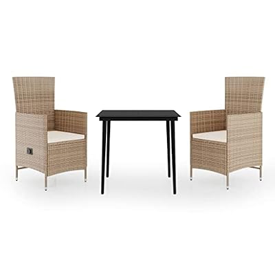 YUOGHRTFE 3 Piece Beige Patio Dining Set with Glass Tabletop, PE Rattan Chairs with Cushions and Powder-Coated Steel Frames for Outdoor Use