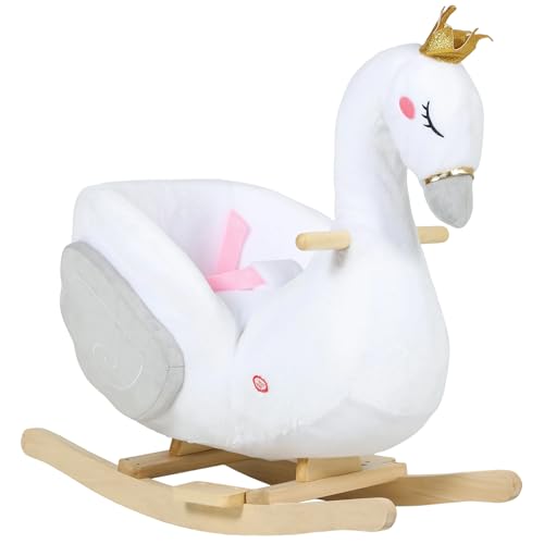 AIYAPLAY Schaukeltier, Schwan-Schaukel mit Schlaflied, weicher Füllung, Holzrahmen, Sicherheitsgurt, Plüsch, für Kinder 1,5-3 Jahre, max. 25 kg, Weiß