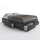 Faux Leather Upholstered Platform Bed Frame with 4 Storage Drawers - PU Upholstered Platform Bed Faux Leather - Black Faux Bed Frame with Roll Out Drawers - Full Size (Black PU)