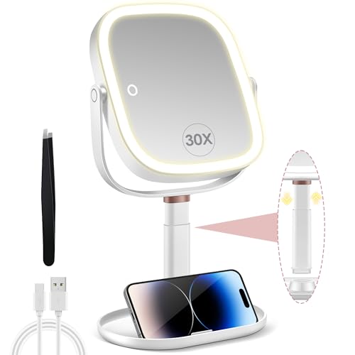 B Beauty Planet Magnifying Mirror with Light 30X/1X, Height Adjustable Makeup Mirror with 3 Color Lights, 360°Rotation and Detachable, with cell phone holders and tweezers, Rechargeable for Travel