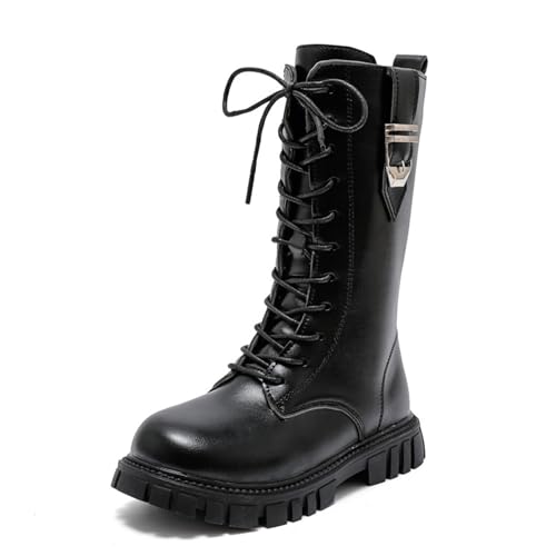 Girls Combat Zipper Mid-Calf Boots Fashionable Lace-Up Decoration Chunky Platform Non-Slip Knee-High Boots