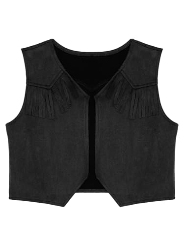 Choomomo Kids Boys Western Cowboy Suit Vest Halloween V-Neck Open Front Tassel Dressy Waistcoat Black 10 Years3