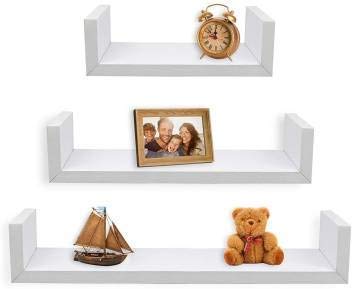 Image of DECORVISTA Wooden Handcrafted Wall Shelf Beautiful Floating Wall Racks Shelves Living & Bed Room Decor U Shaped Set of 3 (Multi) (White)