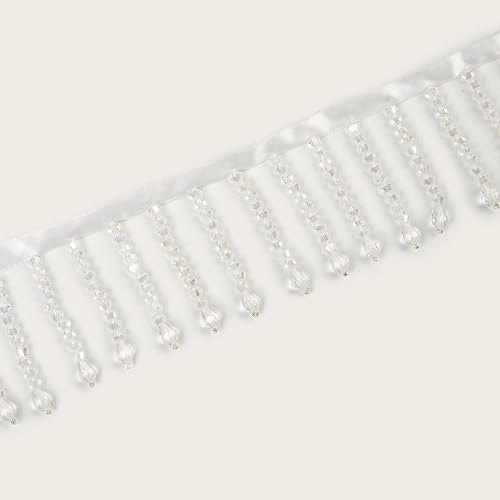 Laopottbeads 1 Yard Glass Beaded Fringe Trim White Crystal Drop Tassel Ribbon for Sewing, Dance Costumes, Curtains & DIY Decoration