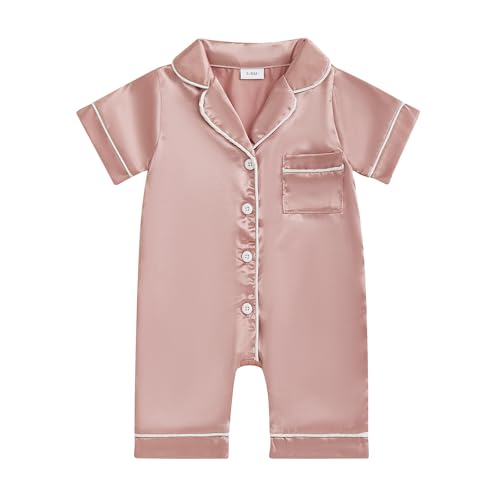 Image of Newborn Baby Boy Girl Silk Pajamas Romper Shorts Sleeve Button Down Satin One Piece Onesie Pjs Infant Sleepwears